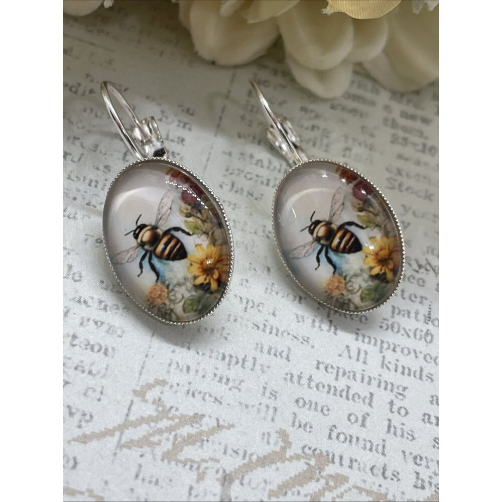 Honey Bee Bumble  FALL fancy Silver Boutique French Wire Cameo Earrings Wedding